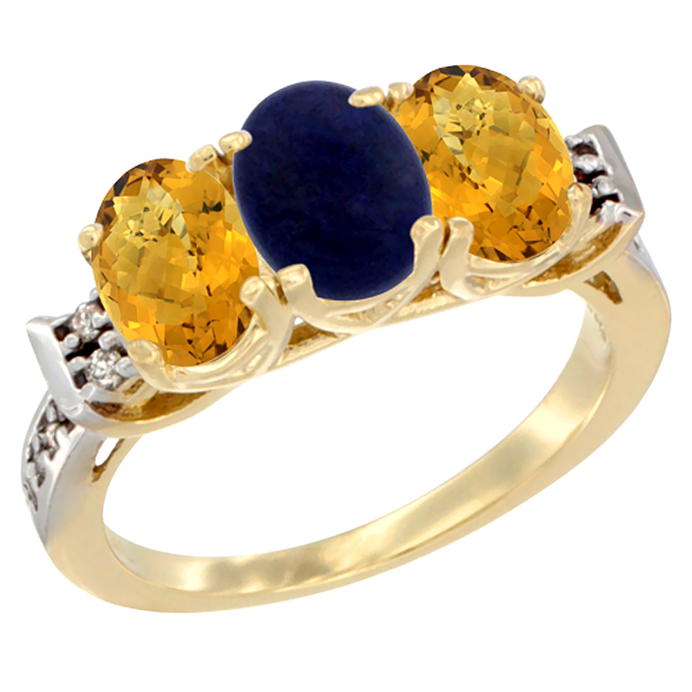 14K Yellow Gold Natural Lapis &amp; Whisky Quartz Ring 3-Stone 7x5 mm Oval Diamond Accent, sizes 5 - 10