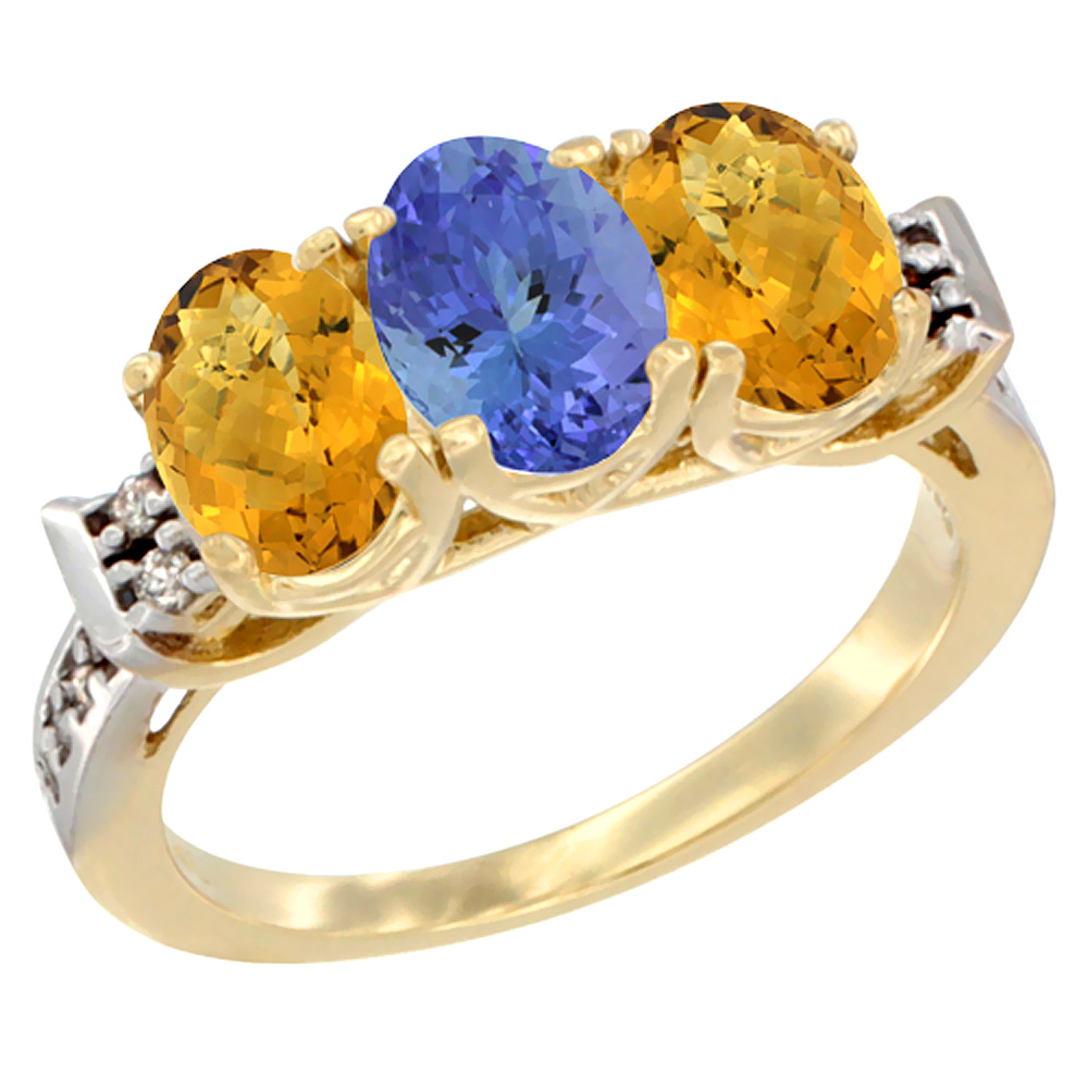 14K Yellow Gold Natural Tanzanite &amp; Whisky Quartz Ring 3-Stone 7x5 mm Oval Diamond Accent, sizes 5 - 10