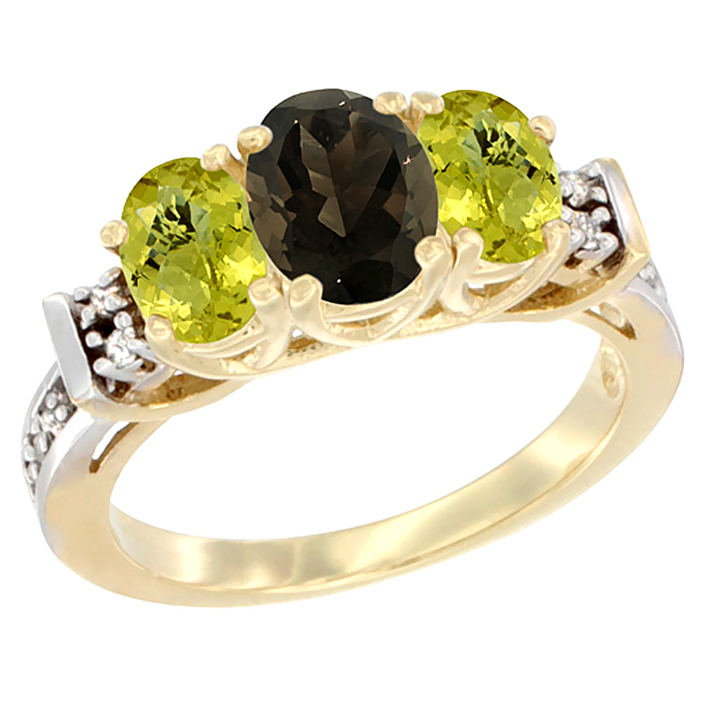 14K Yellow Gold Natural Smoky Topaz &amp; Lemon Quartz Ring 3-Stone Oval Diamond Accent