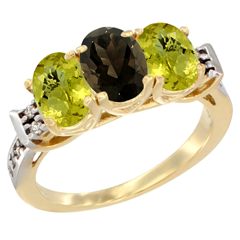 14K Yellow Gold Natural Smoky Topaz &amp; Lemon Quartz Ring 3-Stone 7x5 mm Oval Diamond Accent, sizes 5 - 10