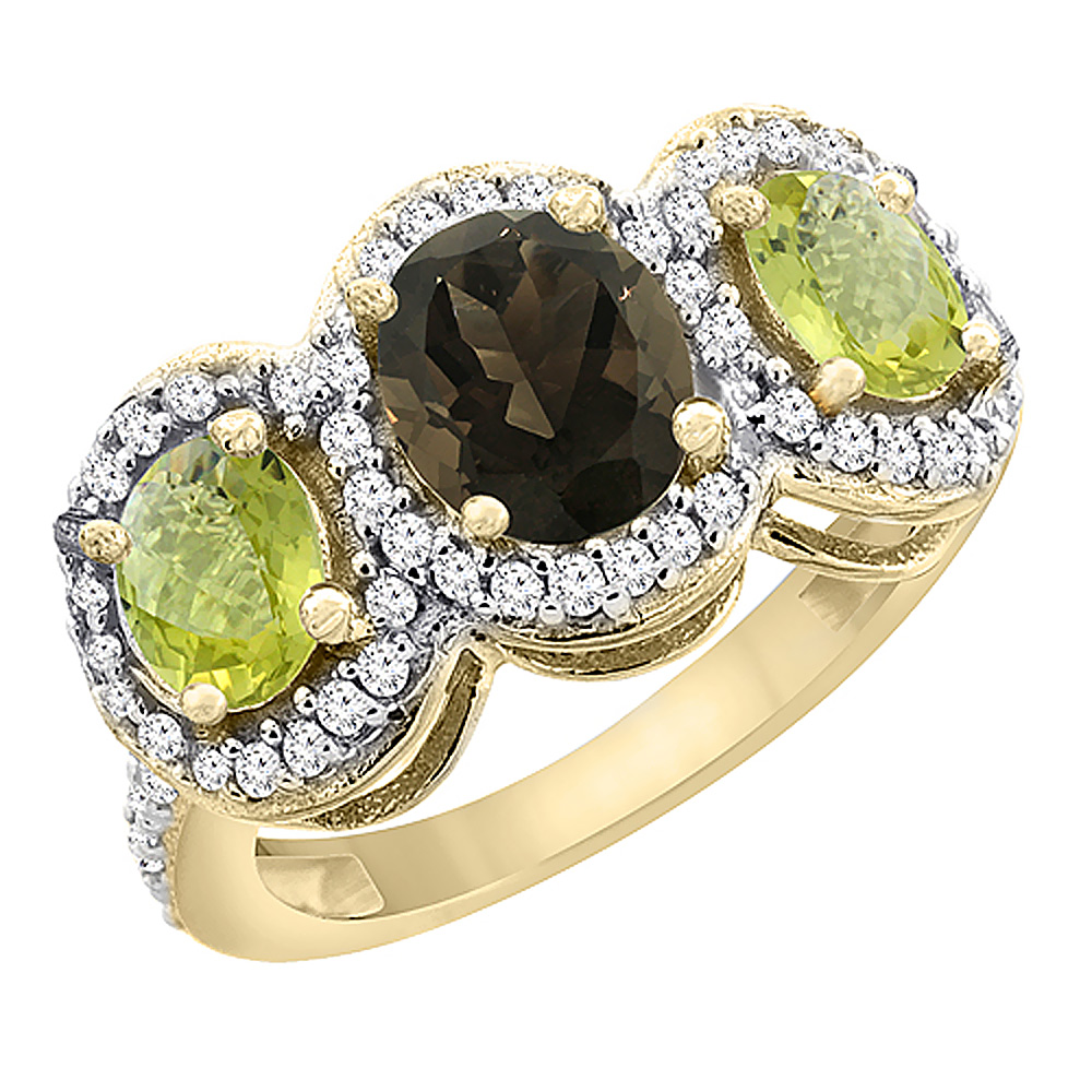 14K Yellow Gold Natural Smoky Topaz &amp; Lemon Quartz 3-Stone Ring Oval Diamond Accent, sizes 5 - 10