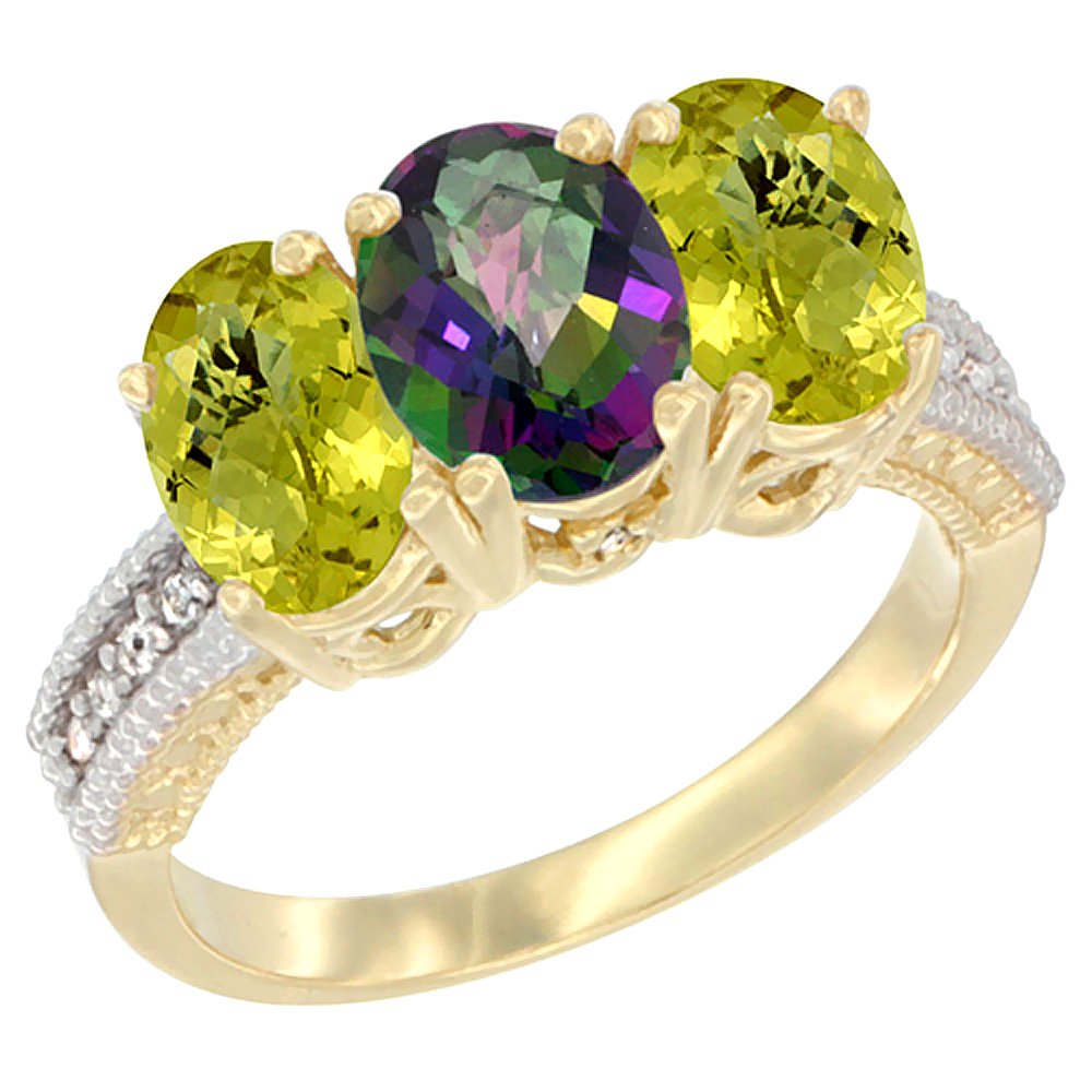 14K Yellow Gold Natural Mystic Topaz Ring with Lemon Quartz 3-Stone 7x5 mm Oval Diamond Accent, sizes 5 - 10