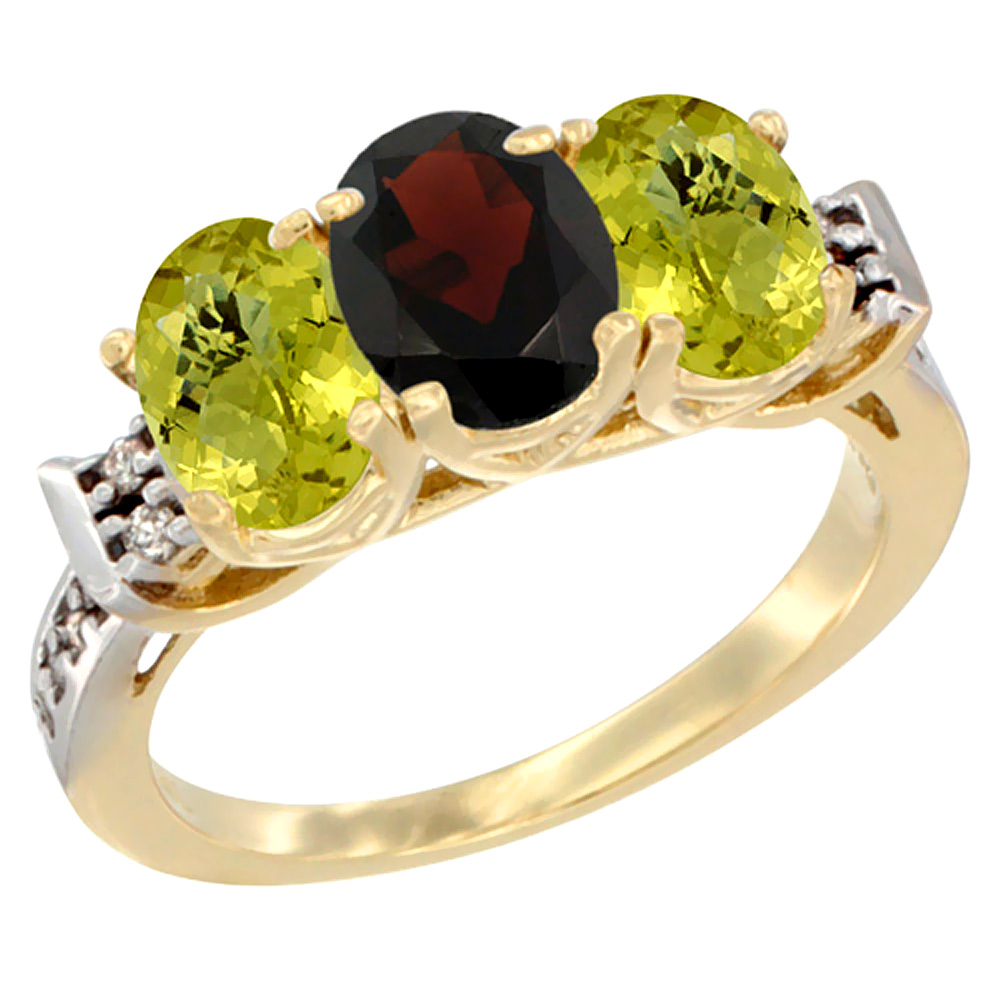 14K Yellow Gold Natural Garnet & Lemon Quartz Ring 3-Stone 7x5 mm Oval Diamond Accent, sizes 5 - 10