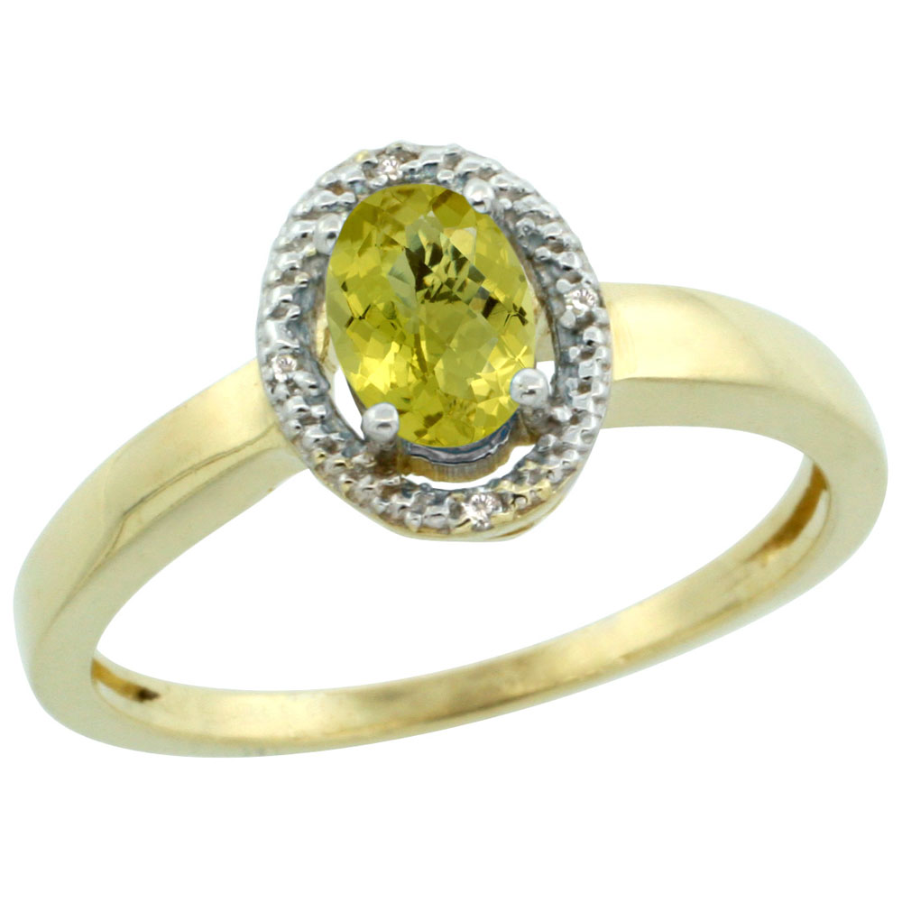 14K Yellow Gold Diamond Halo Natural Lemon Quartz Engagement Ring Oval 6X4 mm, sizes 5-10