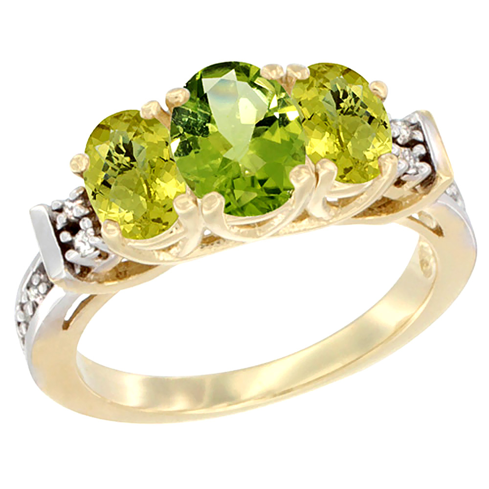 14K Yellow Gold Natural Peridot & Lemon Quartz Ring 3-Stone Oval Diamond Accent