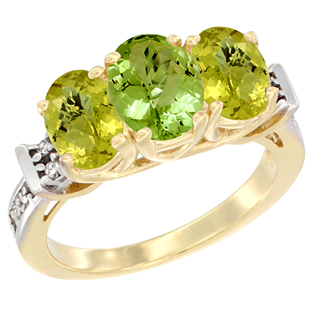 14K Yellow Gold Natural Peridot &amp; Lemon Quartz Sides Ring 3-Stone Oval Diamond Accent, sizes 5 - 10