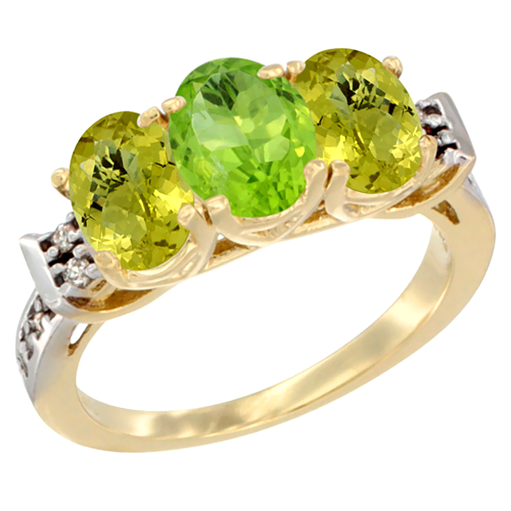 14K Yellow Gold Natural Peridot &amp; Lemon Quartz Ring 3-Stone 7x5 mm Oval Diamond Accent, sizes 5 - 10