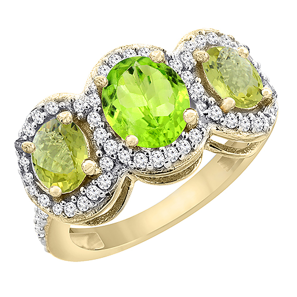 14K Yellow Gold Natural Peridot & Lemon Quartz 3-Stone Ring Oval Diamond Accent, sizes 5 - 10