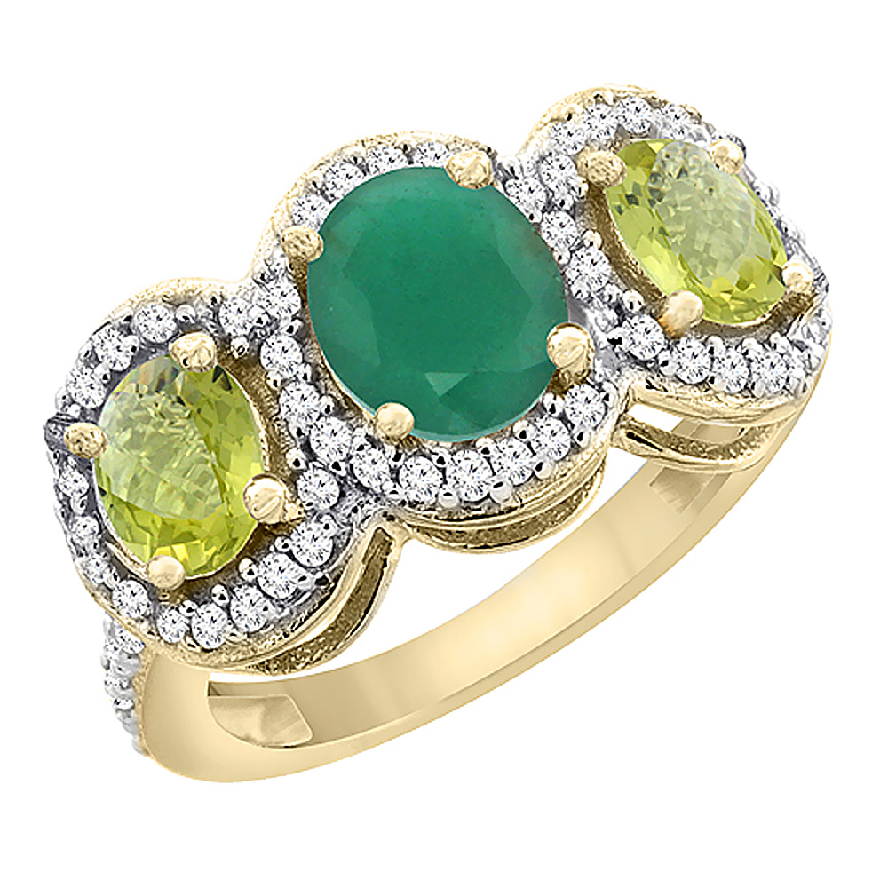 14K Yellow Gold Natural Quality Emerald & Lemon Quartz 3-stone Mothers Ring Oval Diamond Accent, sz5 - 10