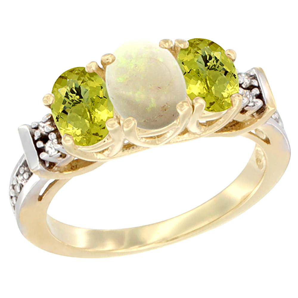 14K Yellow Gold Natural Opal &amp; Lemon Quartz Ring 3-Stone Oval Diamond Accent