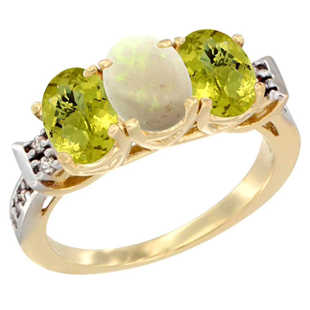 14K Yellow Gold Natural Opal &amp; Lemon Quartz Ring 3-Stone 7x5 mm Oval Diamond Accent, sizes 5 - 10