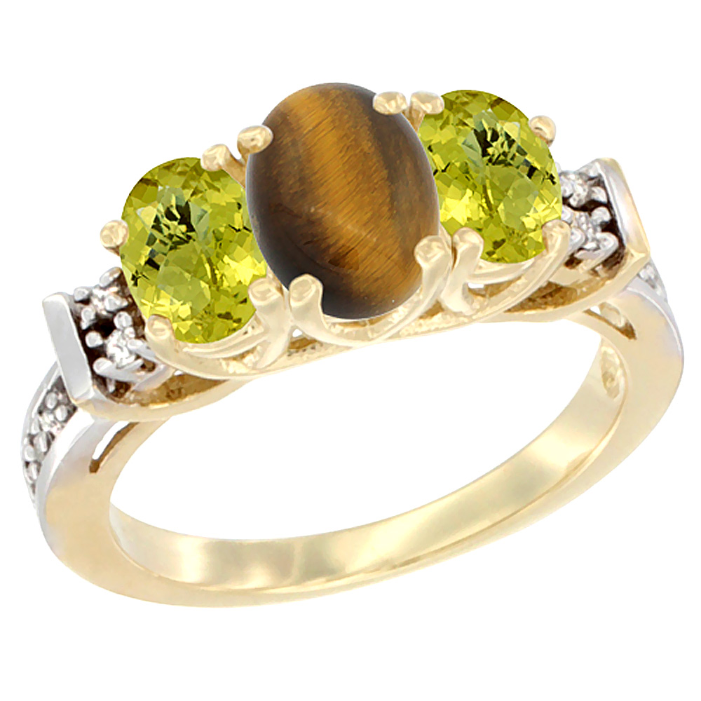 14K Yellow Gold Natural Tiger Eye &amp; Lemon Quartz Ring 3-Stone Oval Diamond Accent