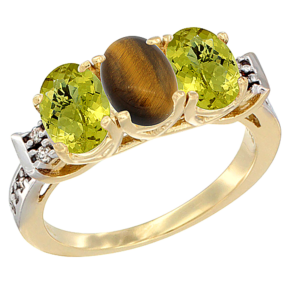 14K Yellow Gold Natural Tiger Eye &amp; Lemon Quartz Ring 3-Stone 7x5 mm Oval Diamond Accent, sizes 5 - 10