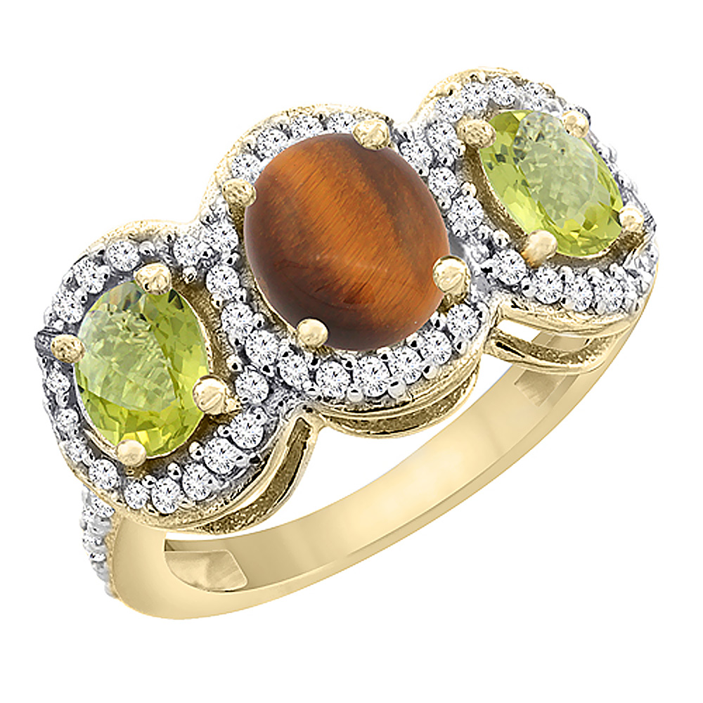 14K Yellow Gold Natural Tiger Eye &amp; Lemon Quartz 3-Stone Ring Oval Diamond Accent, sizes 5 - 10