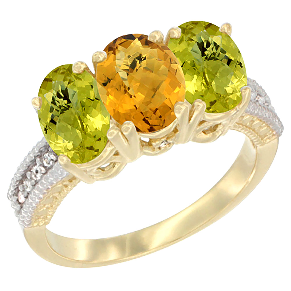 14K Yellow Gold Natural Whisky Quartz Ring with Lemon Quartz 3-Stone 7x5 mm Oval Diamond Accent, sizes 5 - 10