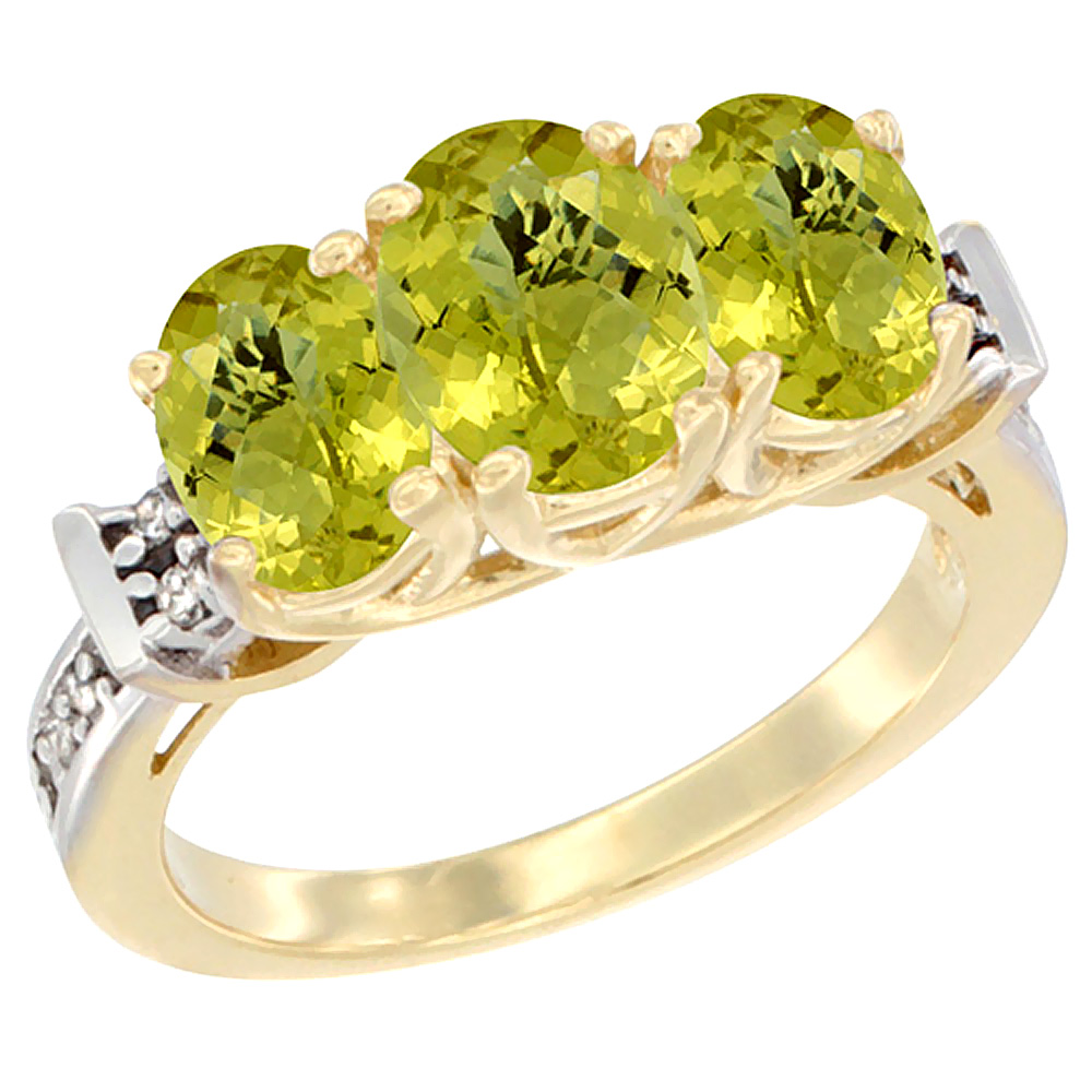 14K Yellow Gold Natural Lemon Quartz Ring 3-Stone Oval Diamond Accent, sizes 5 - 10