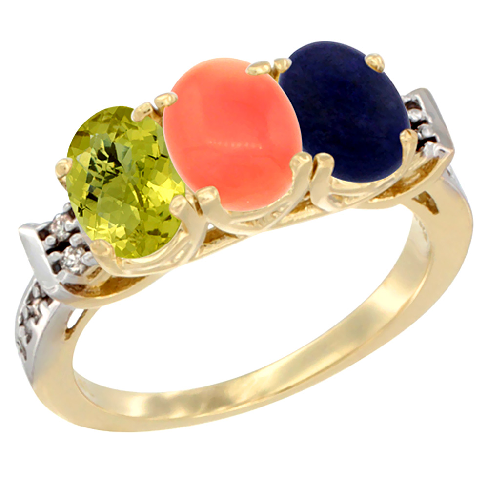 14K Yellow Gold Natural Lemon Quartz, Coral &amp; Lapis Ring 3-Stone 7x5 mm Oval Diamond Accent, sizes 5 - 10