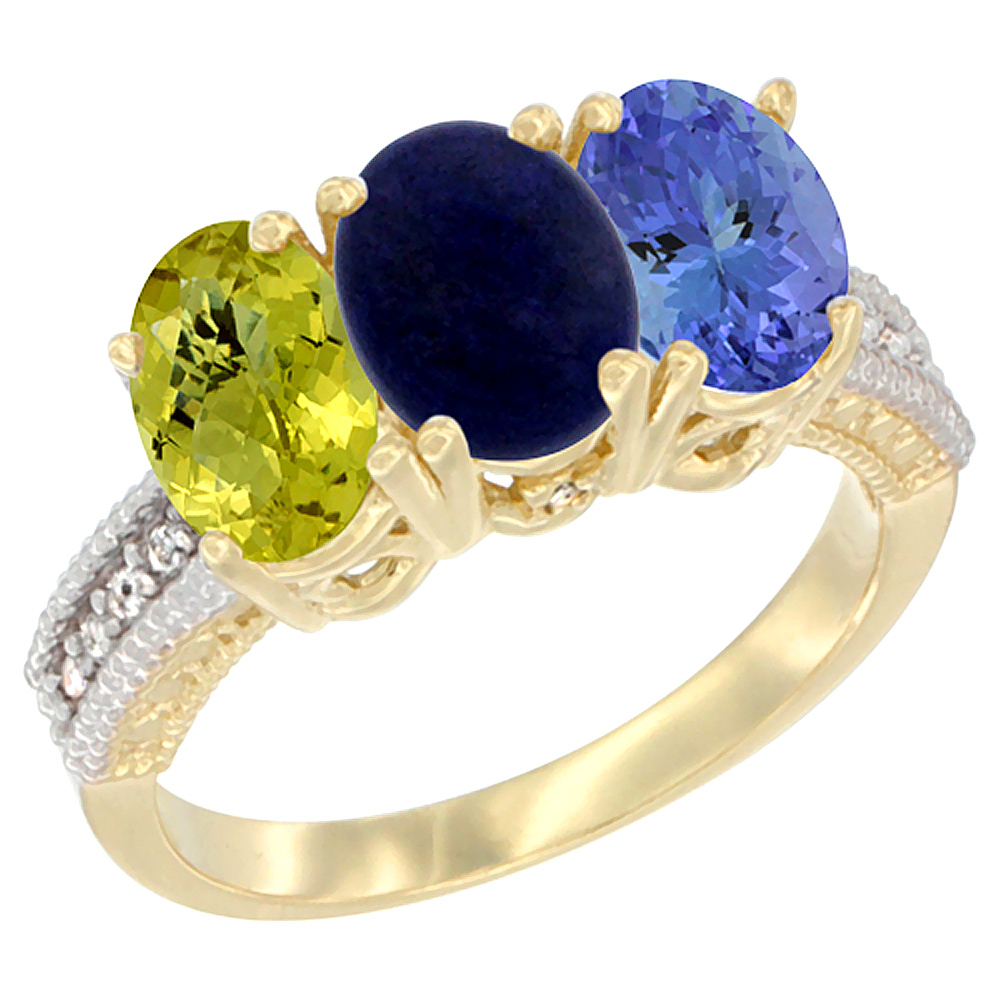 14K Yellow Gold Natural Lemon Quartz, Lapis Ring with Tanzanite Ring 3-Stone 7x5 mm Oval Diamond Accent, sizes 5 - 10