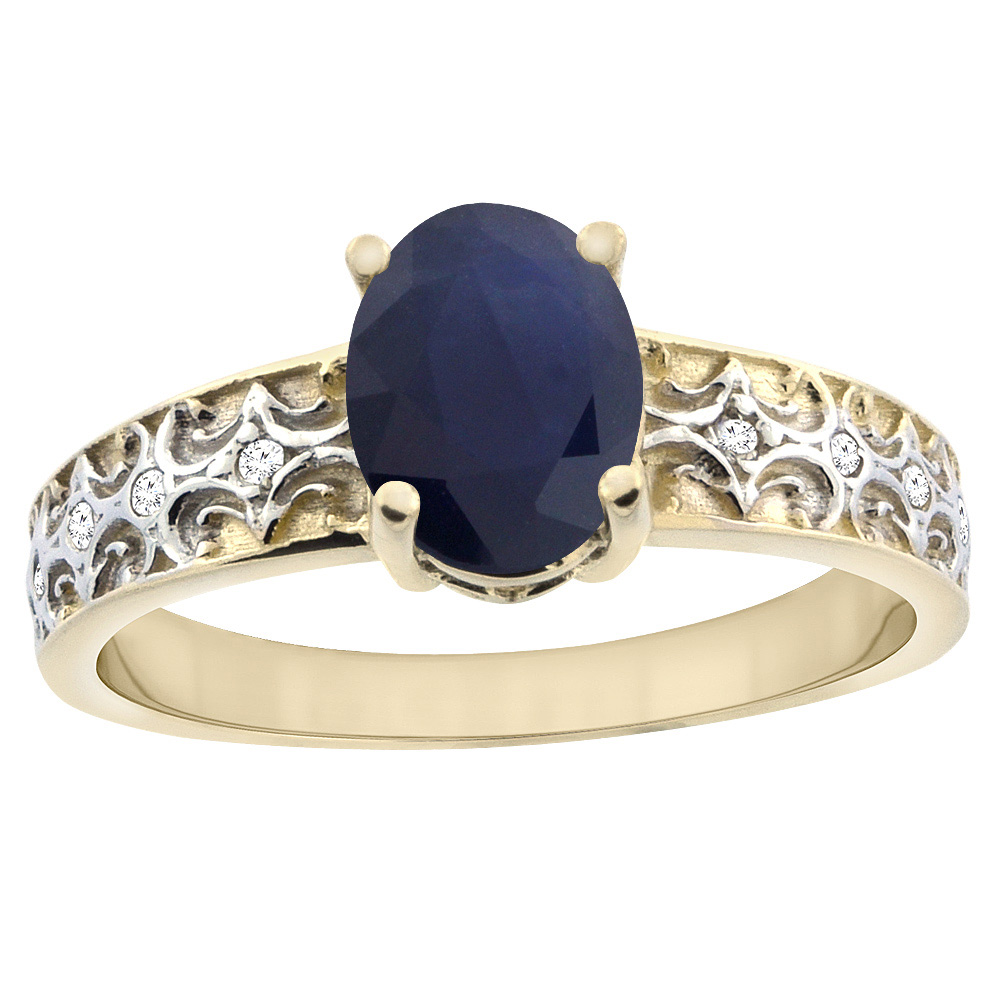 10K Yellow Gold Natural Australian Sapphire Ring Oval 8x6 mm Diamond Accents, sizes 5 - 10