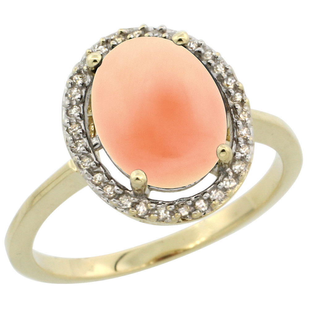 10K Yellow Gold Diamond Halo Natural Coral Engagement Ring Oval 10x8 mm, sizes 5 10