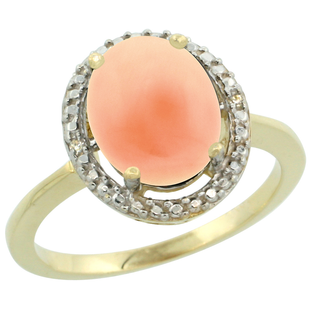 10K Yellow Gold Diamond Natural Coral Engagement Ring Oval 10x8mm, sizes 5-10