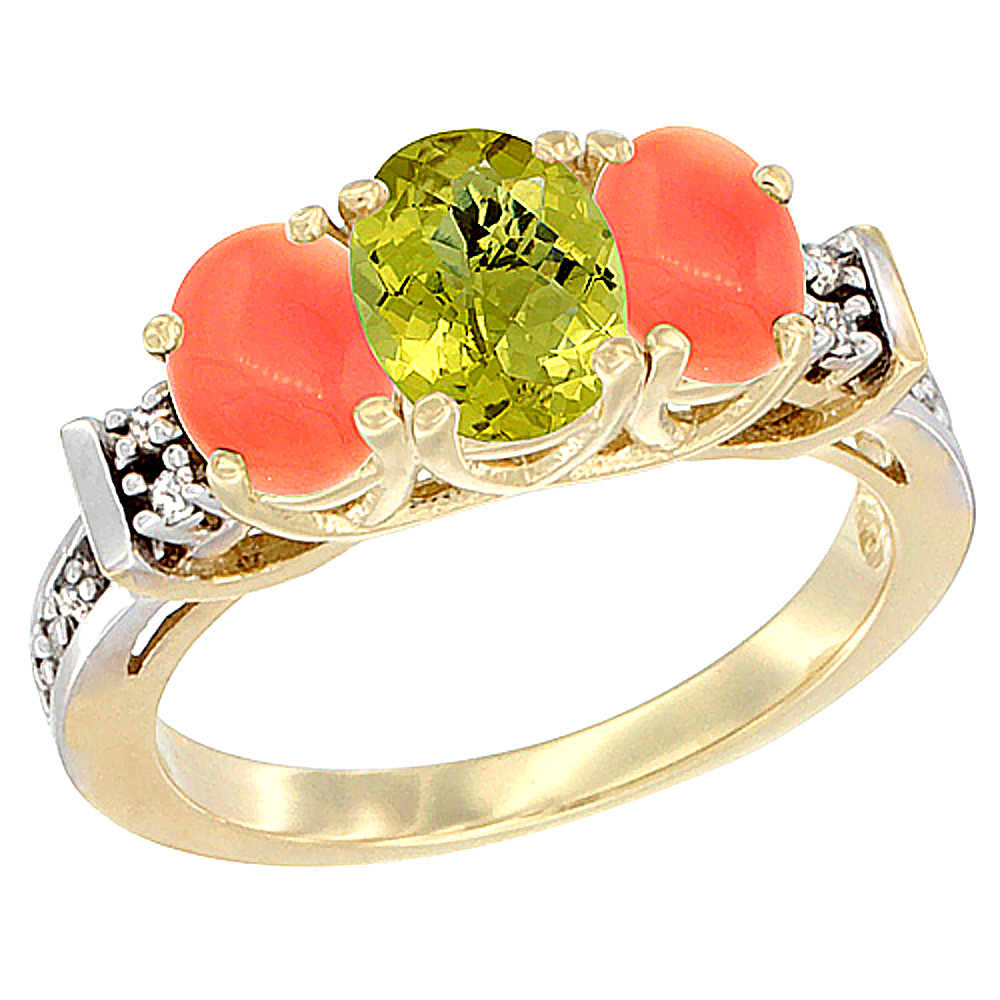 14K Yellow Gold Natural Lemon Quartz &amp; Coral Ring 3-Stone Oval Diamond Accent