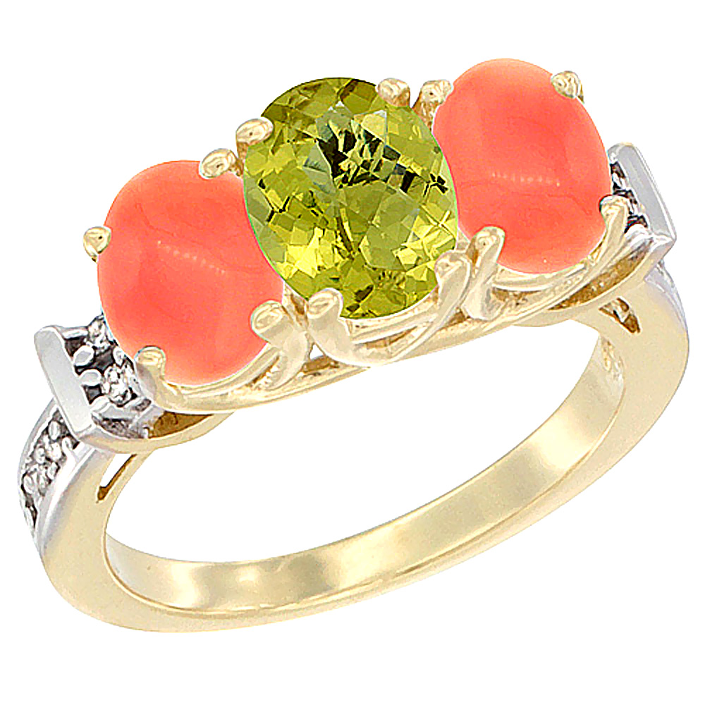 14K Yellow Gold Natural Lemon Quartz &amp; Coral Sides Ring 3-Stone Oval Diamond Accent, sizes 5 - 10