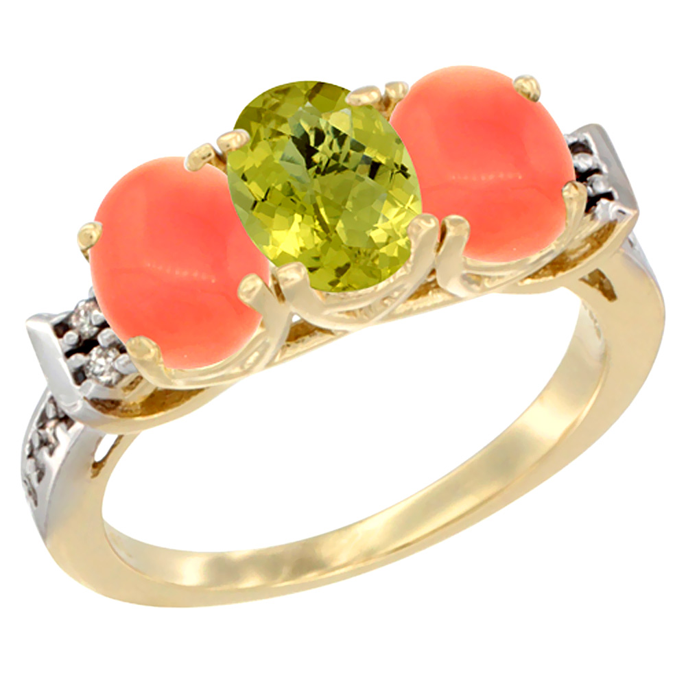 14K Yellow Gold Natural Lemon Quartz & Coral Ring 3-Stone 7x5 mm Oval Diamond Accent, sizes 5 - 10