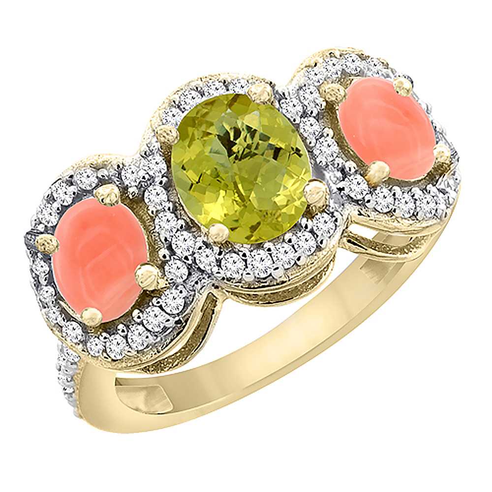 14K Yellow Gold Natural Lemon Quartz & Coral 3-Stone Ring Oval Diamond Accent, sizes 5 - 10