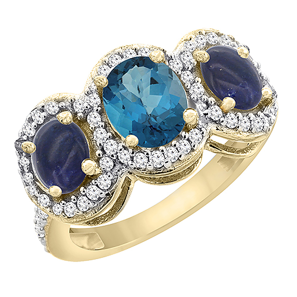 14K Yellow Gold Natural London Blue Topaz &amp; Lapis 3-Stone Ring Oval Diamond Accent, sizes 5 - 10