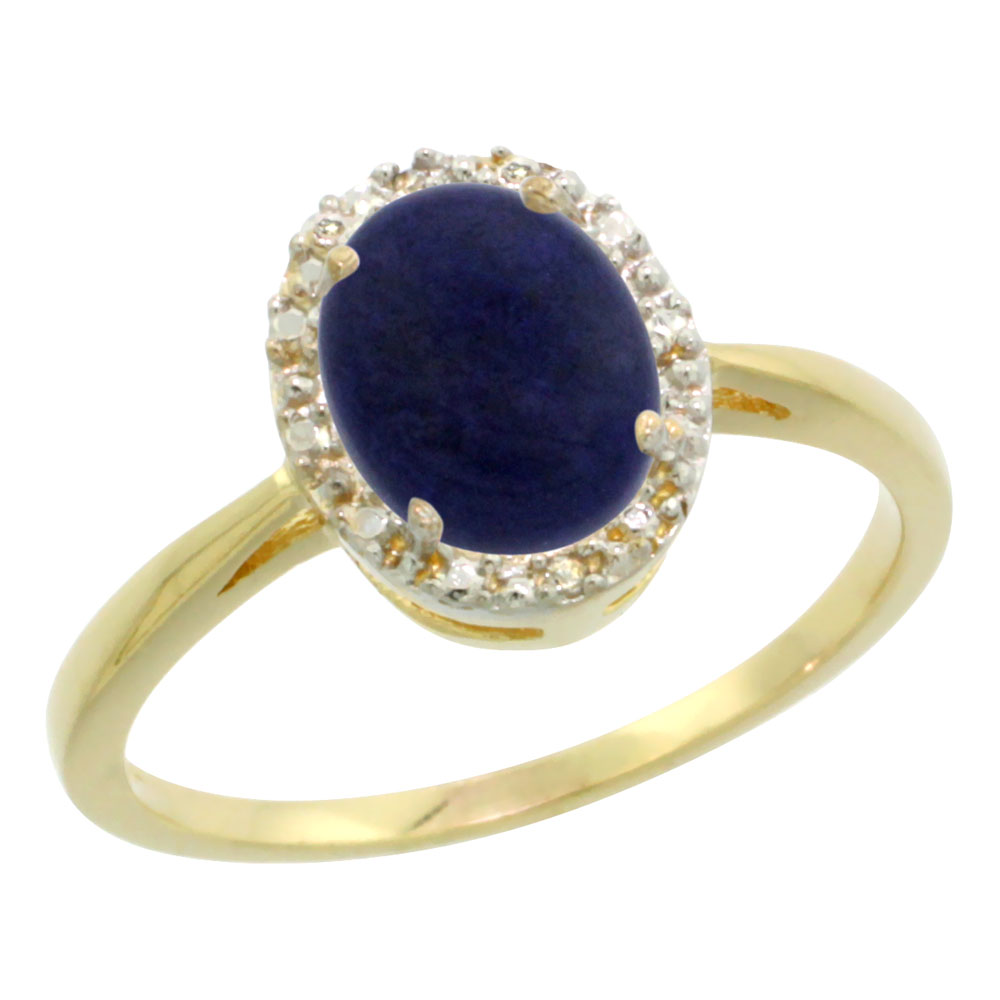 14K Yellow Gold Natural Lapis Diamond Halo Ring Oval 8X6mm, sizes 5 10