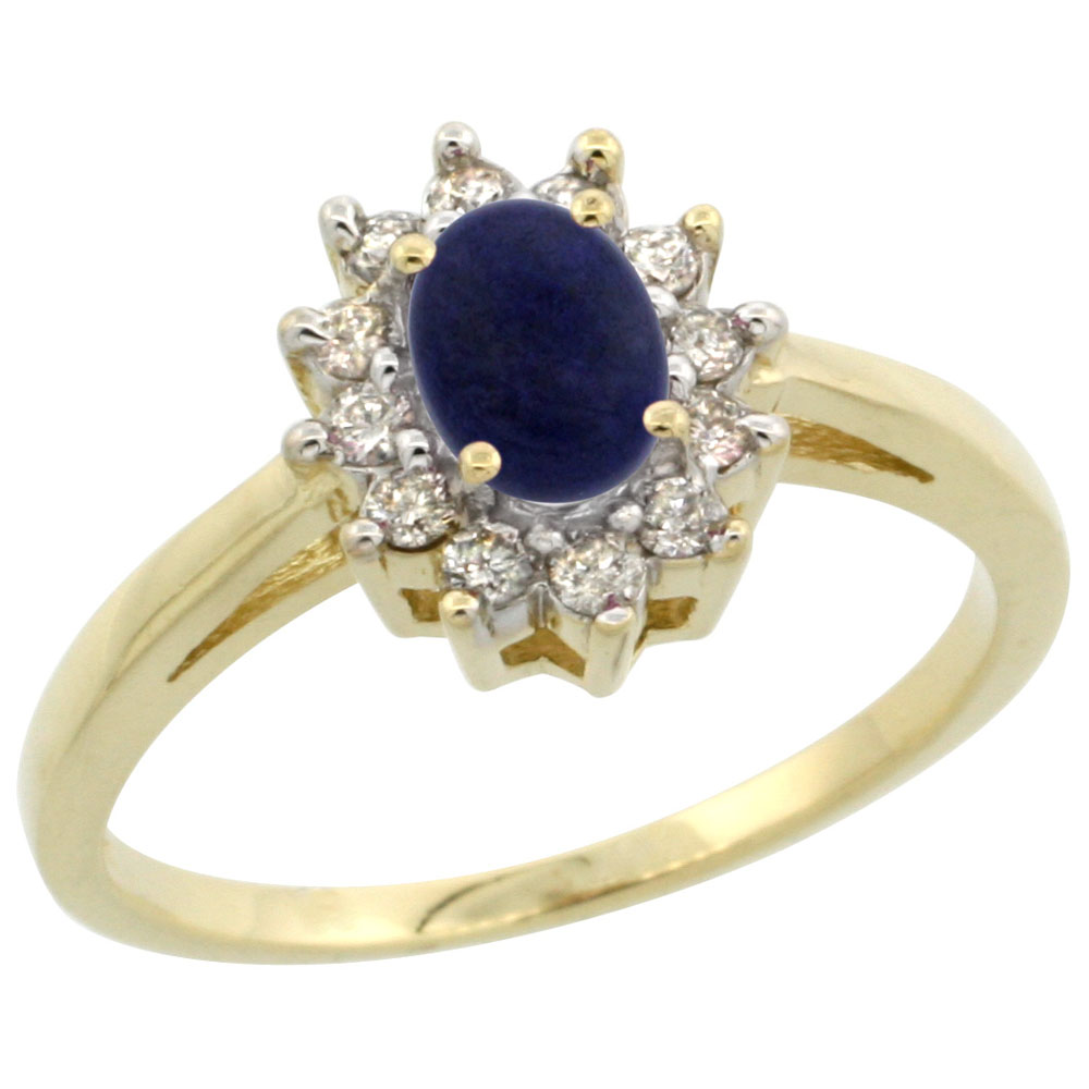 10K Yellow Gold Natural Lapis Flower Diamond Halo Ring Oval 6x4 mm, sizes 5 10