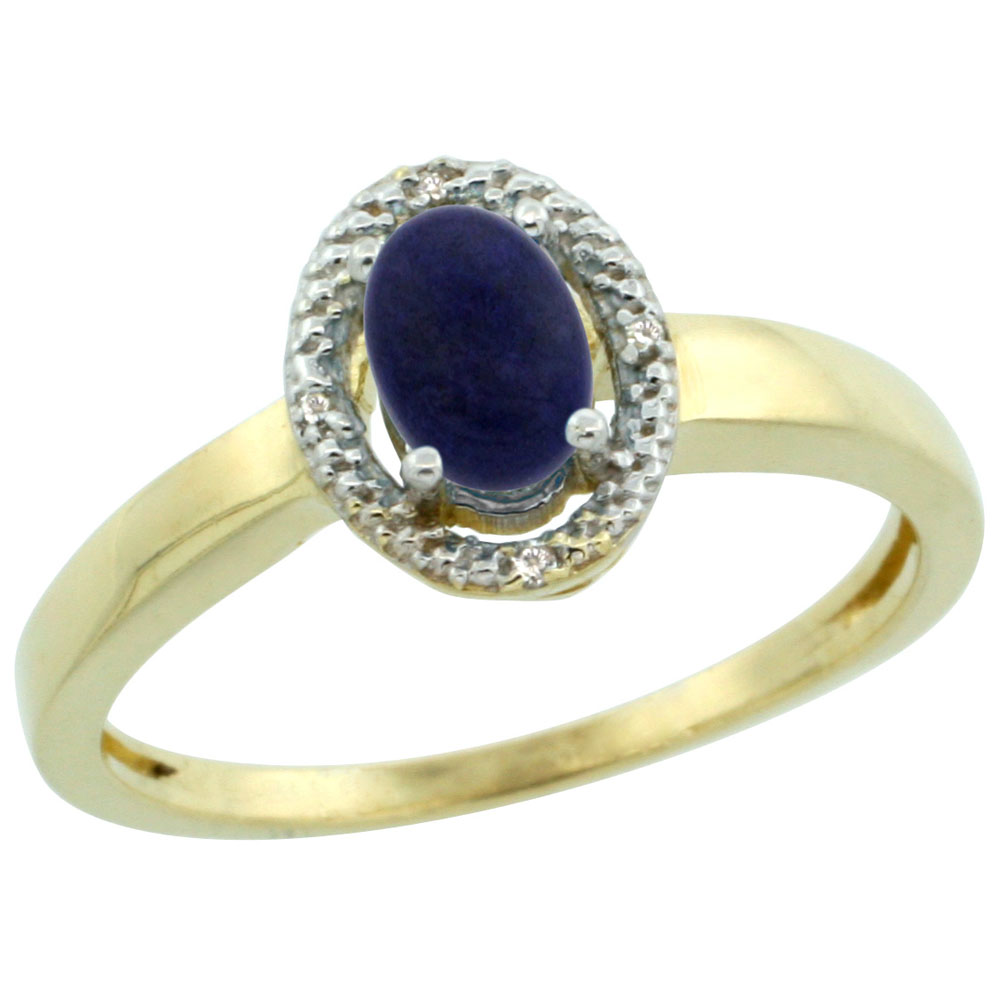 10K Yellow Gold Diamond Halo Natural Lapis Engagement Ring Oval 6X4 mm, sizes 5-10
