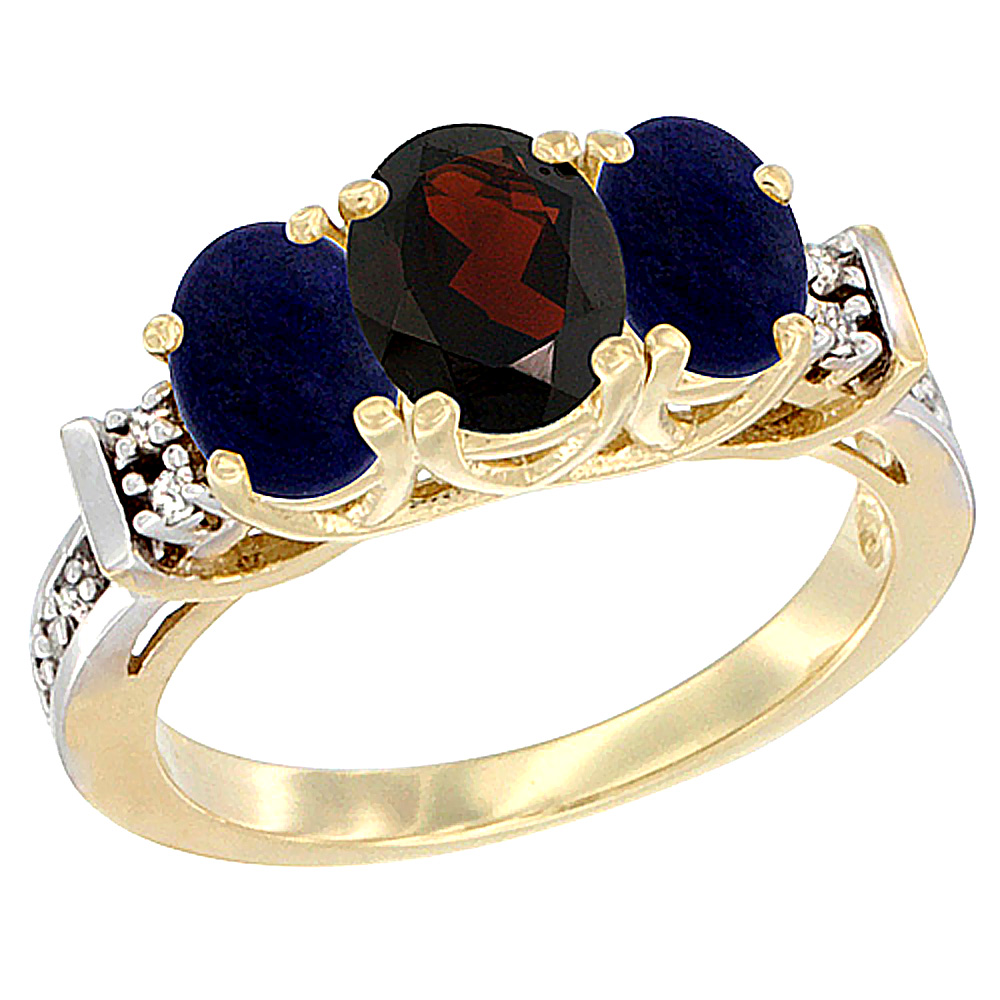 14K Yellow Gold Natural Garnet &amp; Lapis Ring 3-Stone Oval Diamond Accent