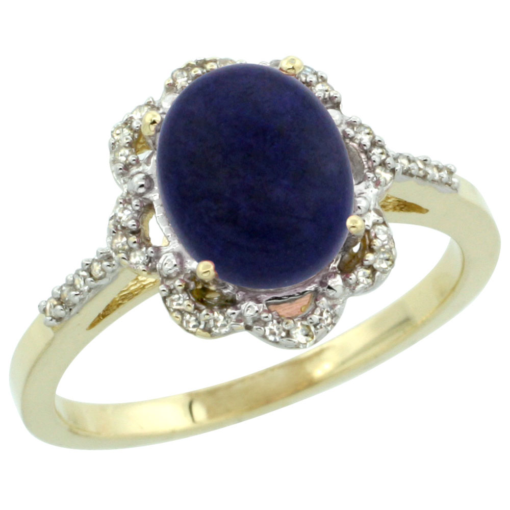 10K Yellow Gold Diamond Halo Natural Lapis Engagement Ring Oval 9x7mm, sizes 5-10