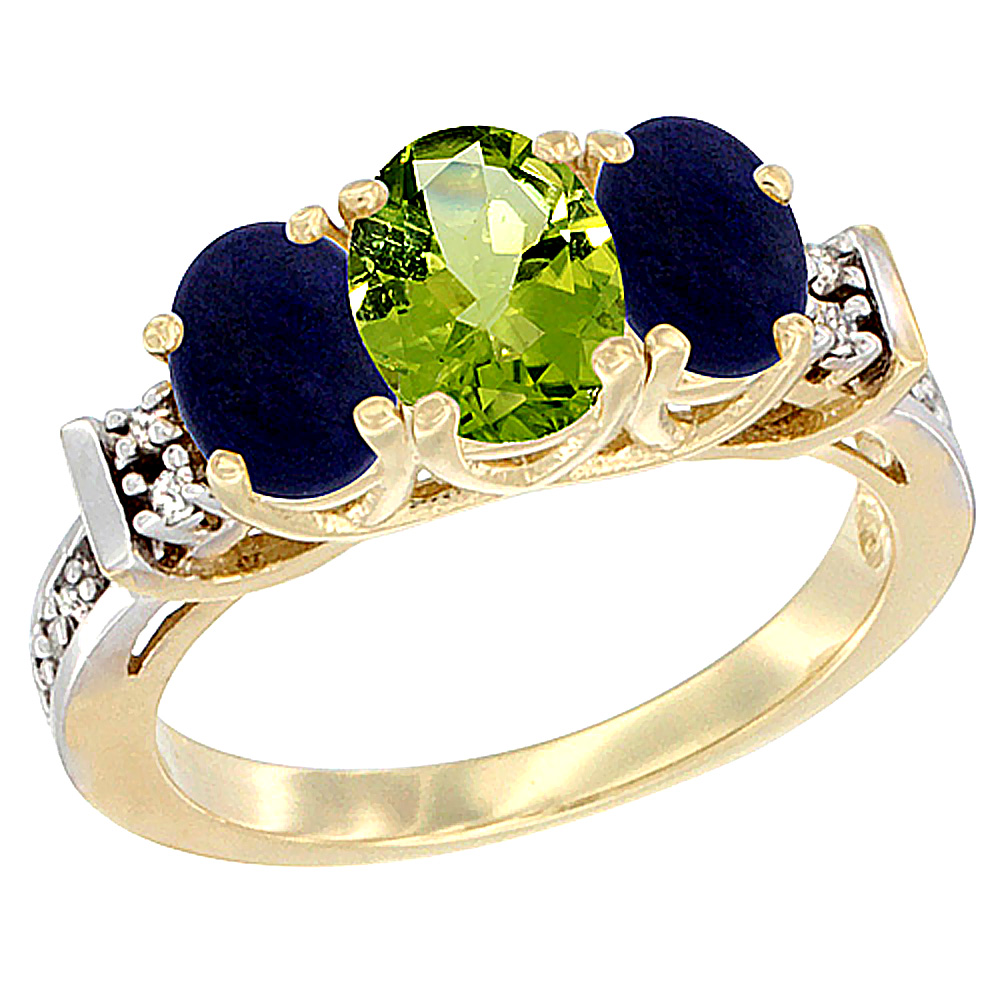 14K Yellow Gold Natural Peridot &amp; Lapis Ring 3-Stone Oval Diamond Accent