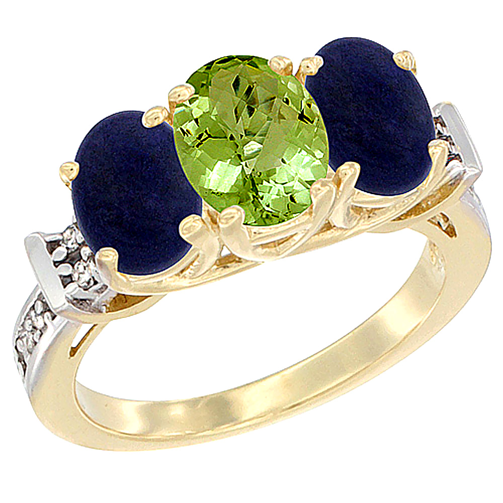 14K Yellow Gold Natural Peridot &amp; Lapis Sides Ring 3-Stone Oval Diamond Accent, sizes 5 - 10