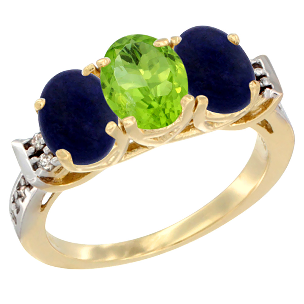 14K Yellow Gold Natural Peridot & Lapis Ring 3-Stone 7x5 mm Oval Diamond Accent, sizes 5 - 10