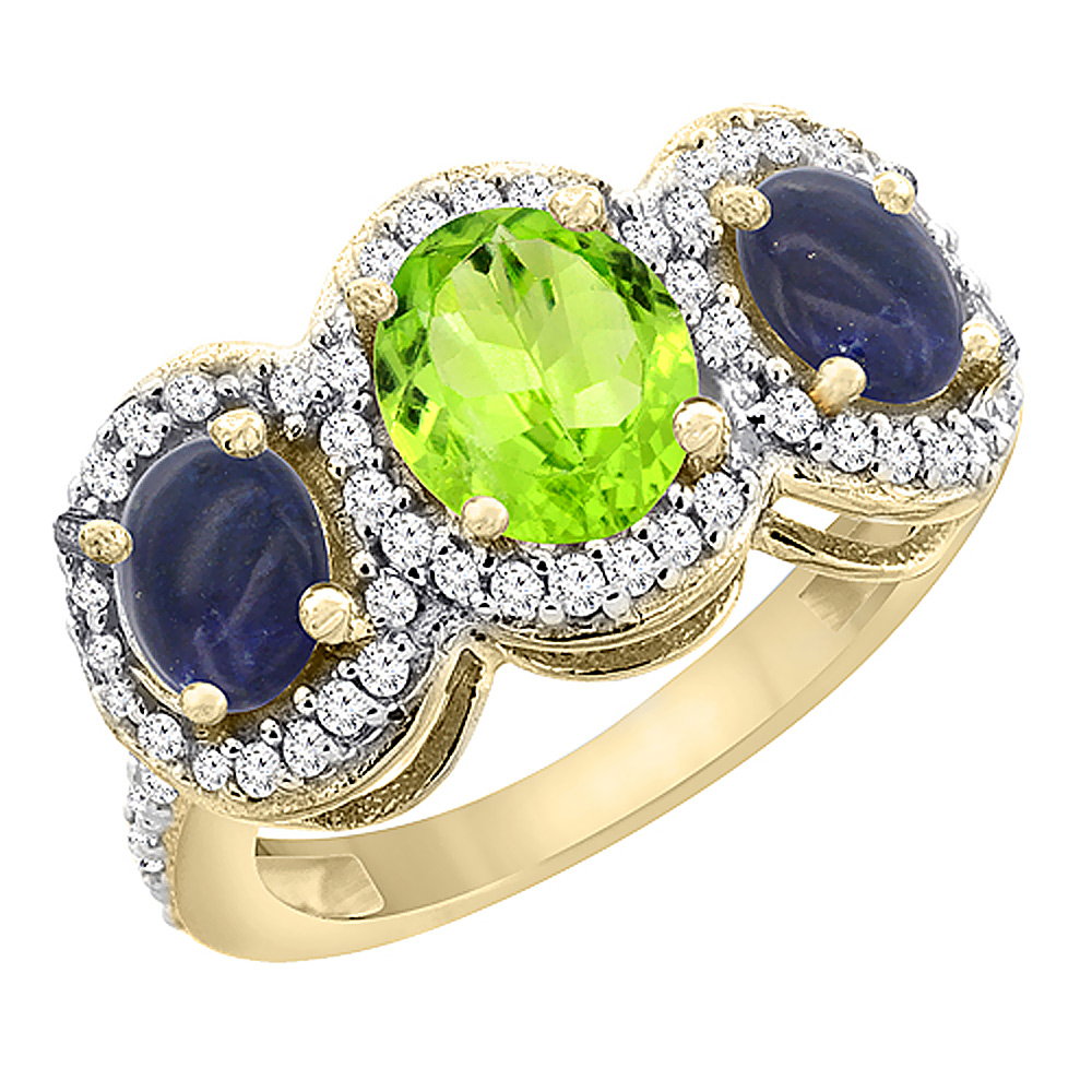 14K Yellow Gold Natural Peridot &amp; Lapis 3-Stone Ring Oval Diamond Accent, sizes 5 - 10