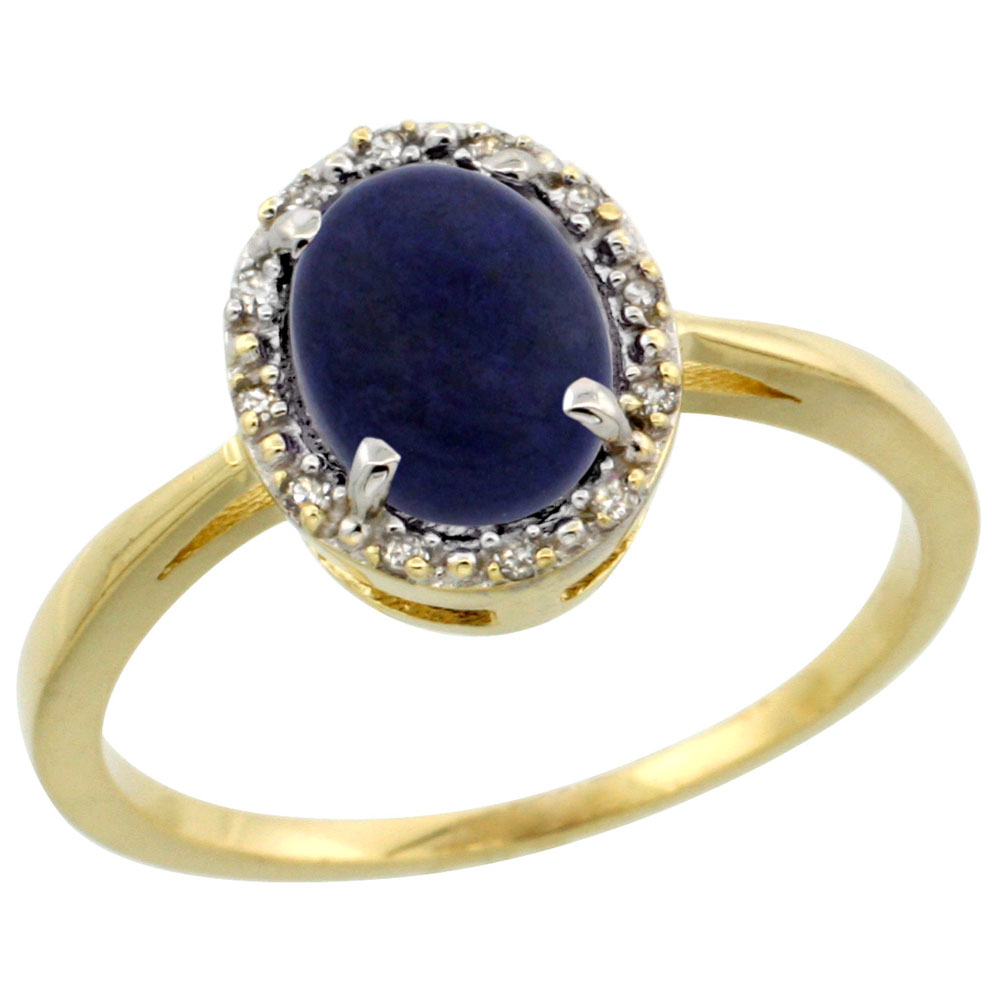 14K Yellow Gold Natural Lapis Ring Oval 8x6 mm Diamond Halo, sizes 5-10