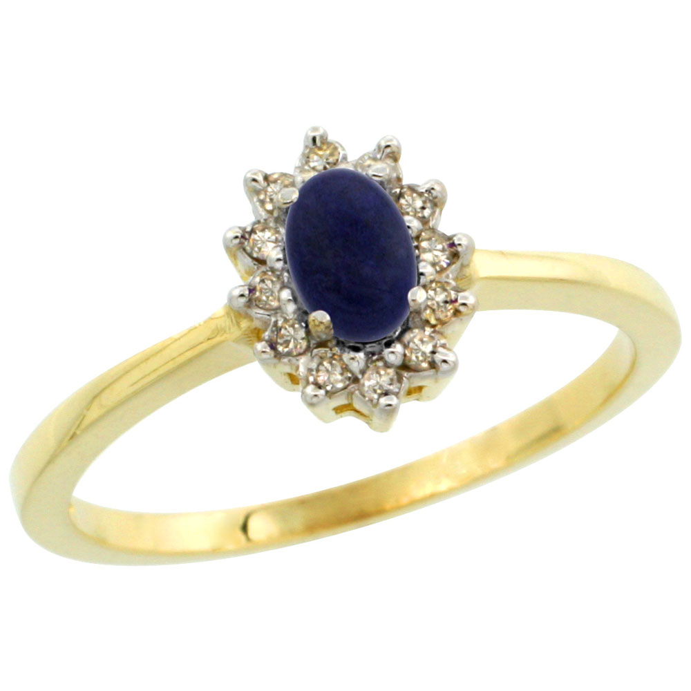 10k Yellow Gold Natural Lapis Ring Oval 5x3mm Diamond Halo, sizes 5-10