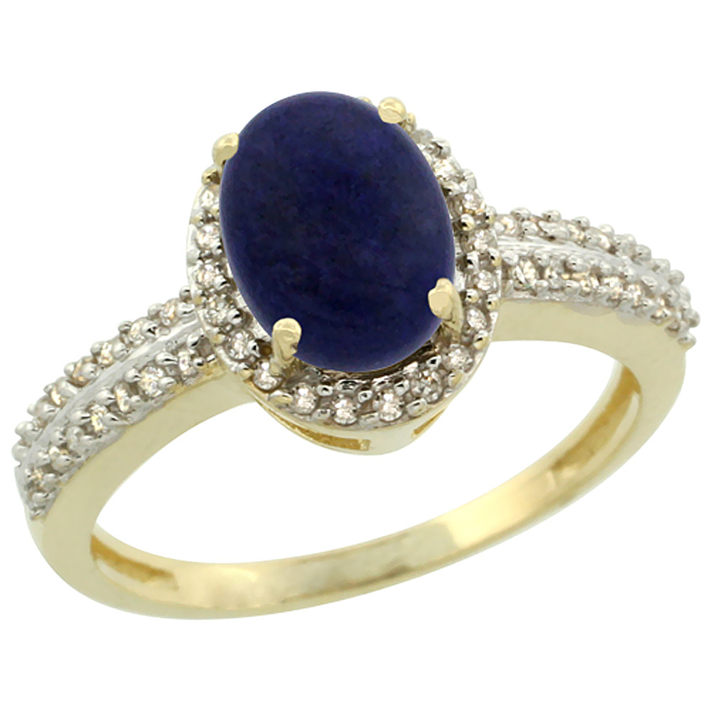 10k Yellow Gold Natural Lapis Ring Oval 8x6mm Diamond Halo, sizes 5-10