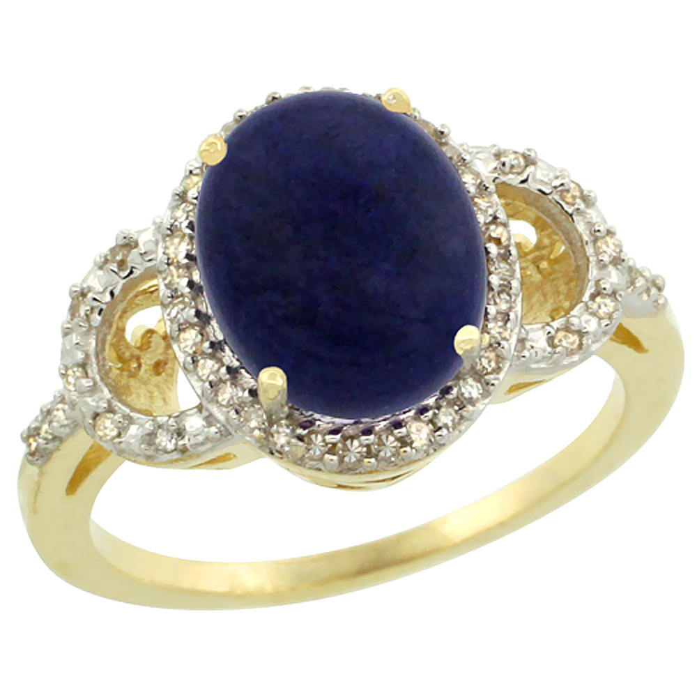 10K Yellow Gold Diamond Natural Lapis Engagement Ring Oval 10x8mm, sizes 5-10