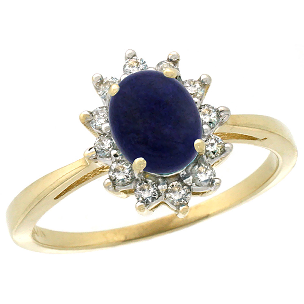 10k Yellow Gold Natural Lapis Engagement Ring Oval 7x5mm Diamond Halo, sizes 5-10