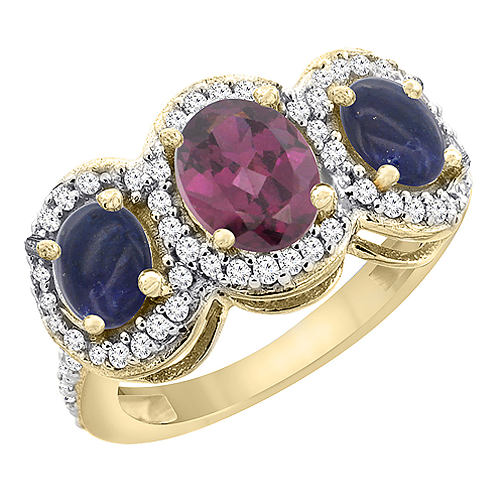 14K Yellow Gold Natural Rhodolite &amp; Lapis 3-Stone Ring Oval Diamond Accent, sizes 5 - 10