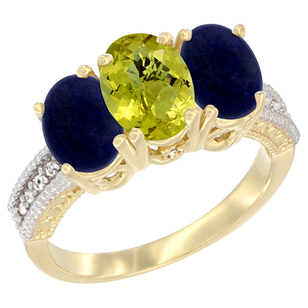 14K Yellow Gold Natural Lemon Quartz Ring with Lapis 3-Stone 7x5 mm Oval Diamond Accent, sizes 5 - 10