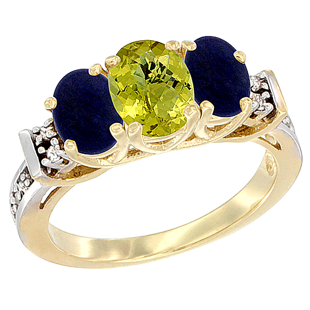 14K Yellow Gold Natural Lemon Quartz & Lapis Ring 3-Stone Oval Diamond Accent