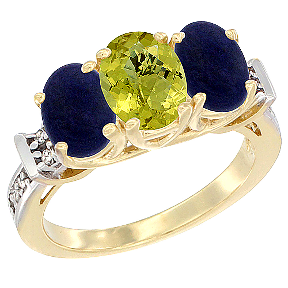 14K Yellow Gold Natural Lemon Quartz & Lapis Sides Ring 3-Stone Oval Diamond Accent, sizes 5 - 10