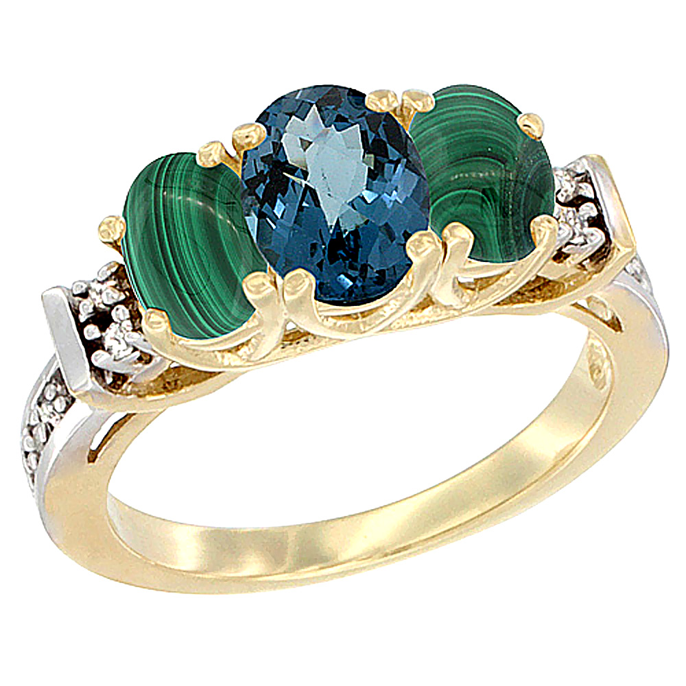 14K Yellow Gold Natural London Blue Topaz & Malachite Ring 3-Stone Oval Diamond Accent