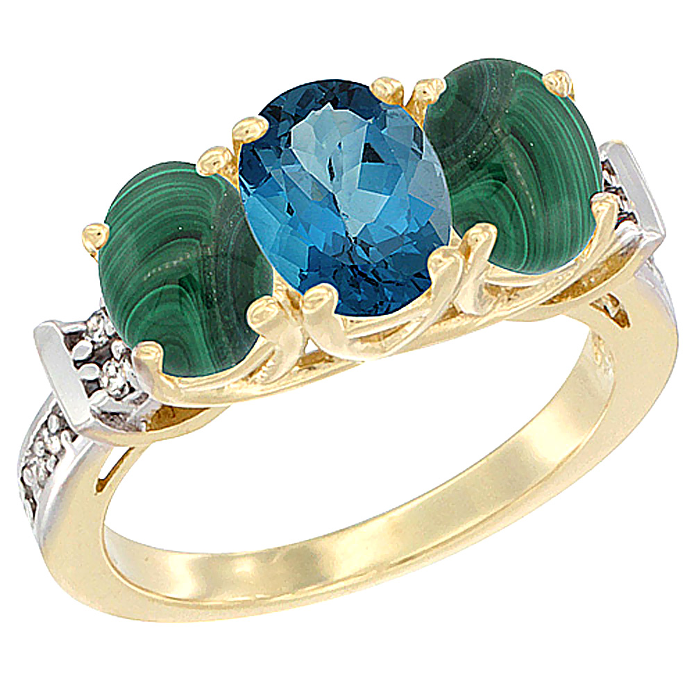 14K Yellow Gold Natural London Blue Topaz &amp; Malachite Sides Ring 3-Stone Oval Diamond Accent, sizes 5 - 10